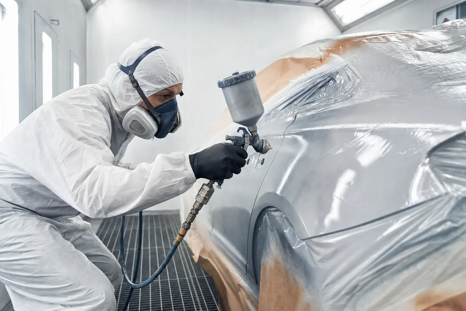 Peintre automobile appliquant la peinture en cabine chez Score Auto Kénitra