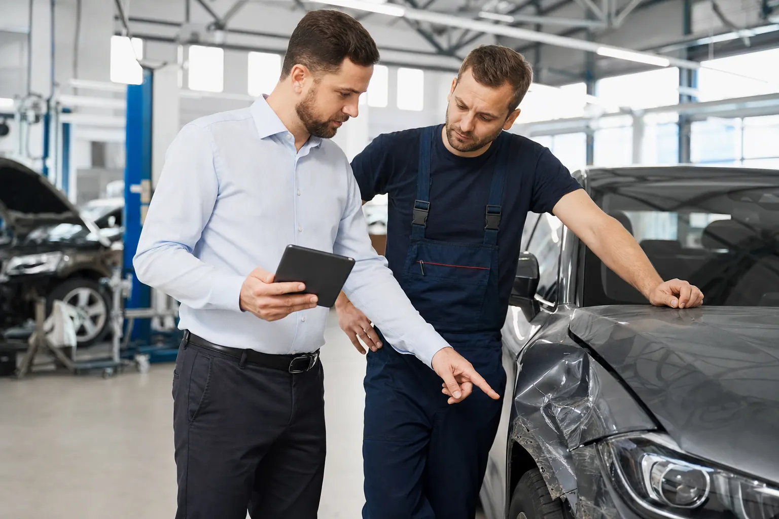 Expert d'assurance constatant les dommages d'un véhicule à l'atelier Score Auto