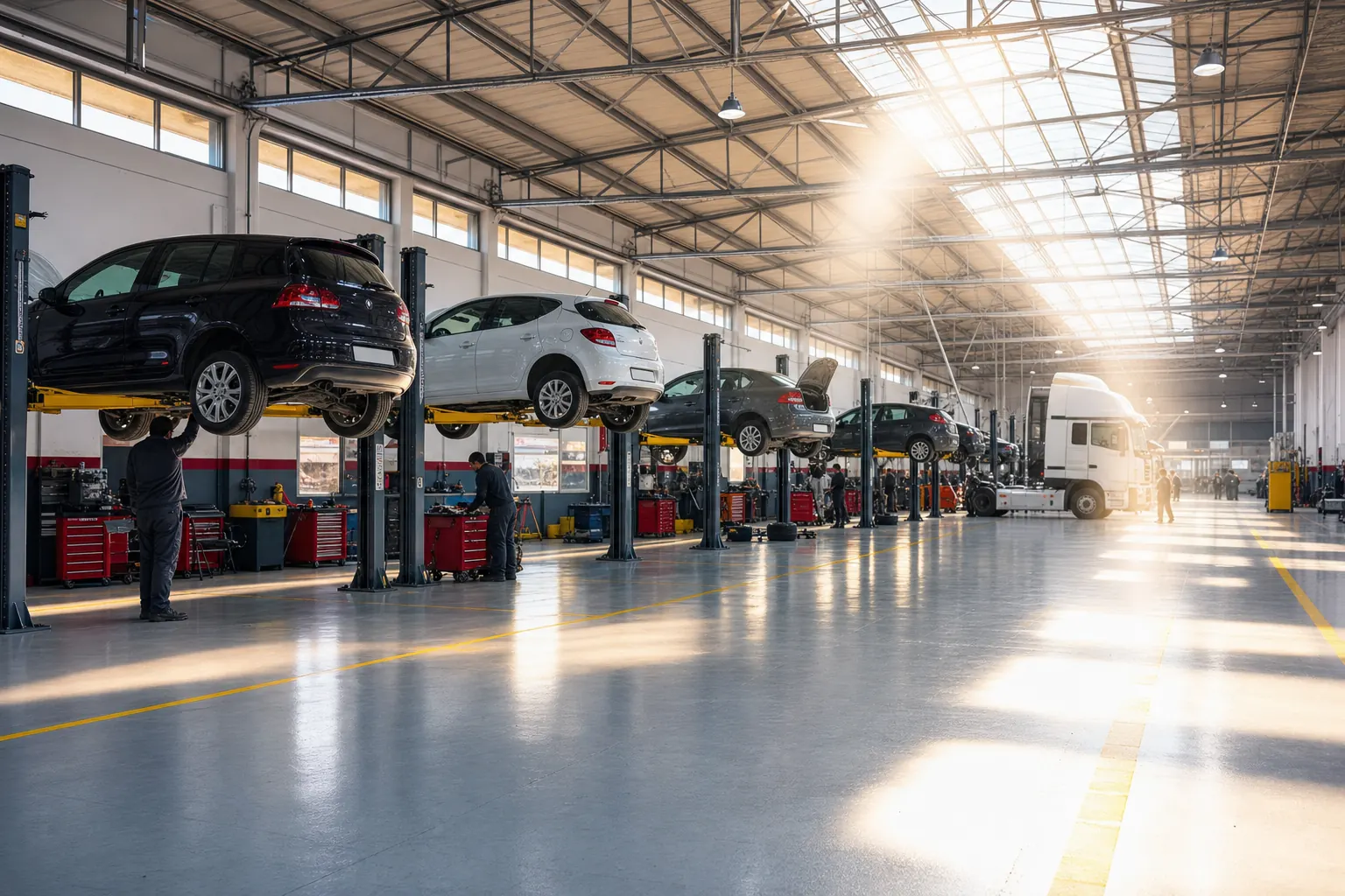 Vue d'ensemble de l'atelier Score Auto à Kénitra, plusieurs ponts élévateurs et un camion en réparation