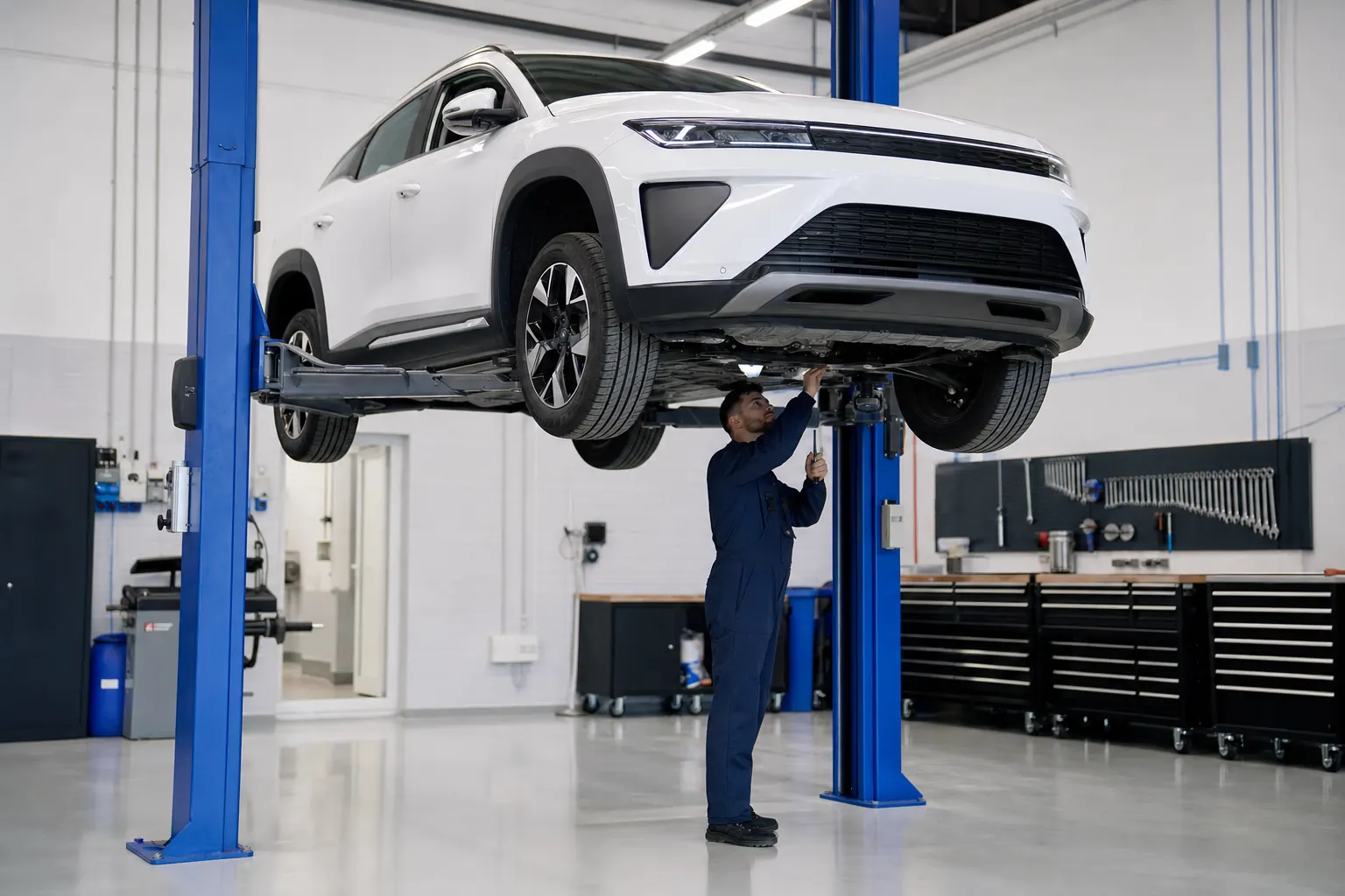 SUV BAIC sur un pont élévateur dans l'atelier Score Auto à Kénitra
