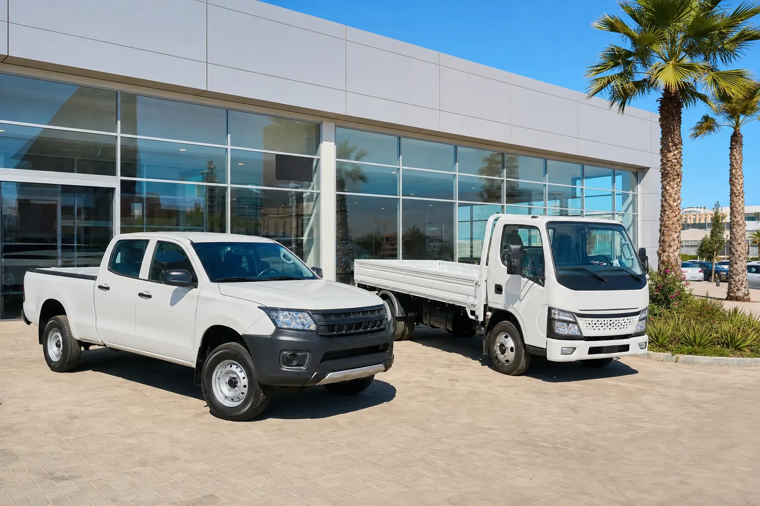 Pick-up et camion léger Isuzu sur le parvis de la concession Score Auto à Kénitra