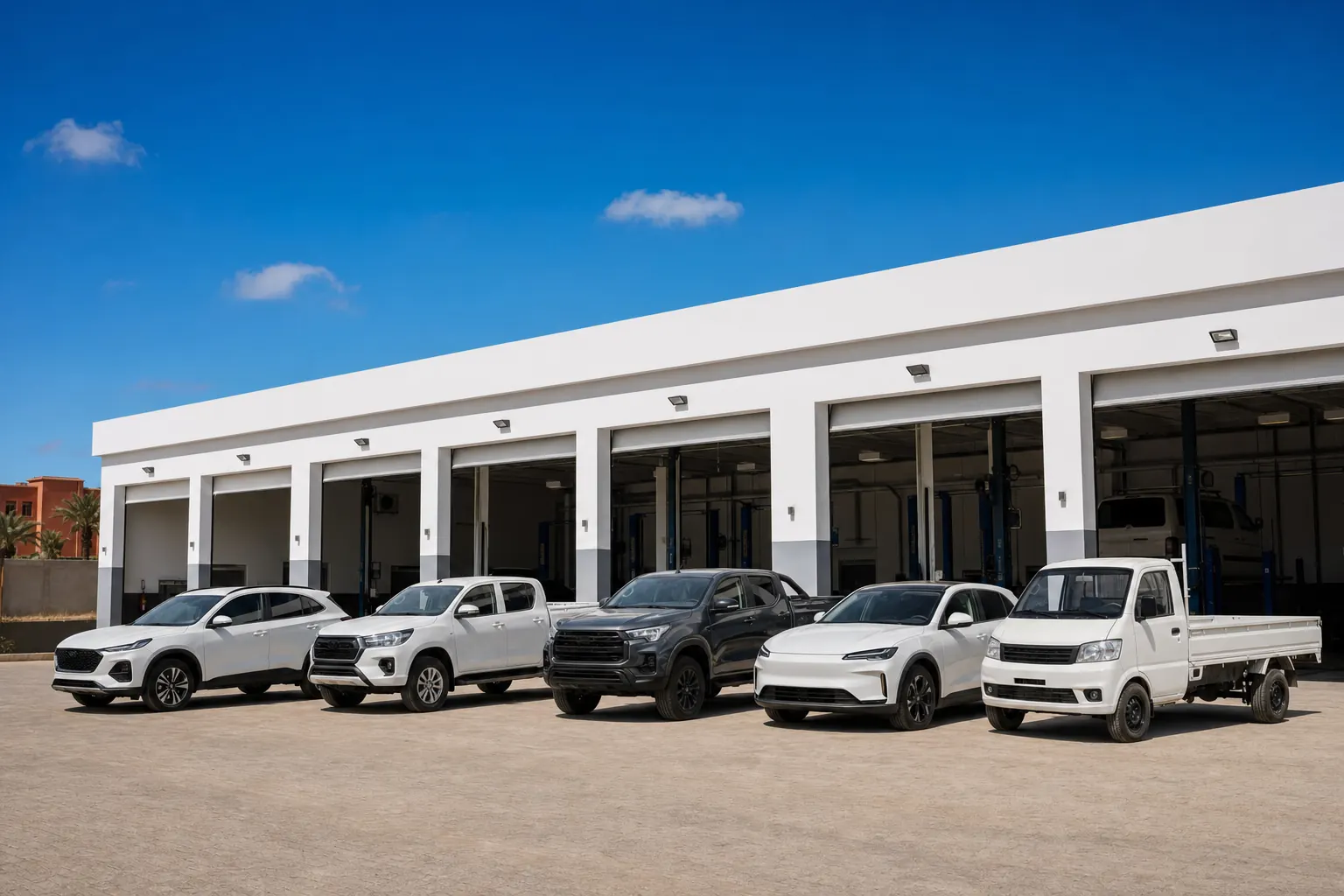 Véhicules des marques représentées par Score Auto devant l'atelier de Kénitra