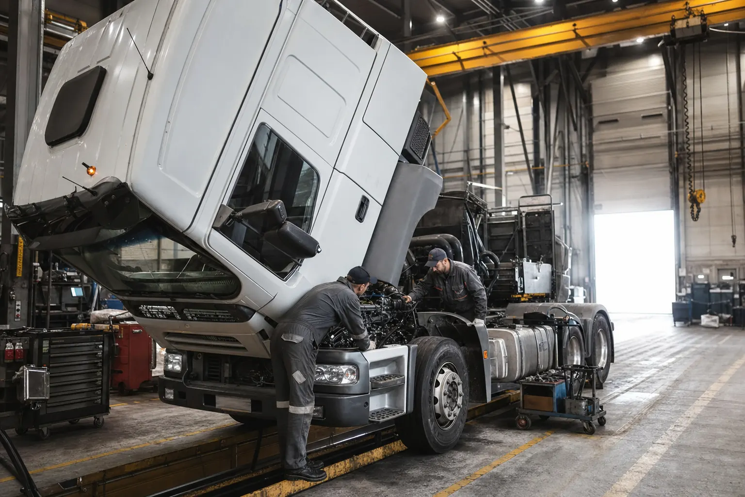Camion en cours de réparation dans la travée poids lourds de Score Auto