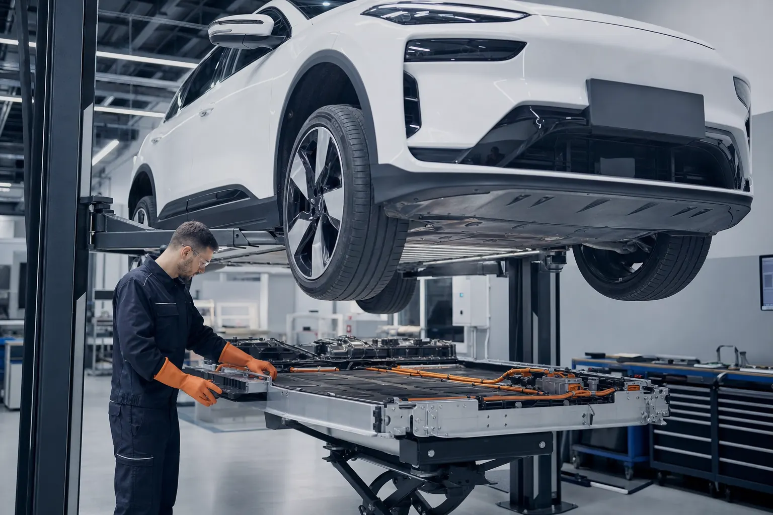 Technicien Score Auto intervenant sur la batterie haute tension d'un véhicule électrique BYD